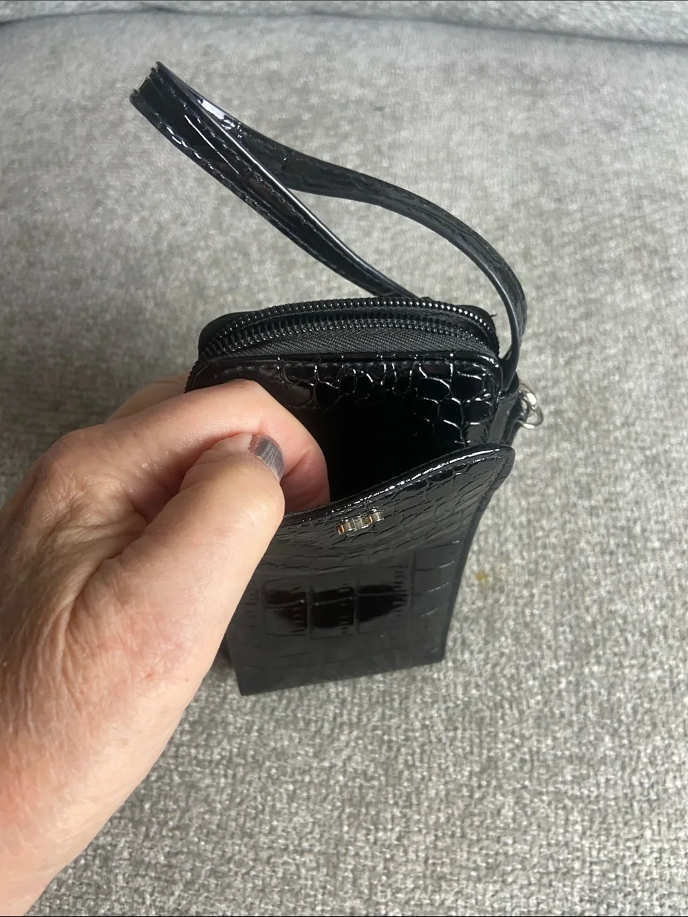 Patent Croc-Embossed Wristlet Phone Case with Wrist Strap - Black